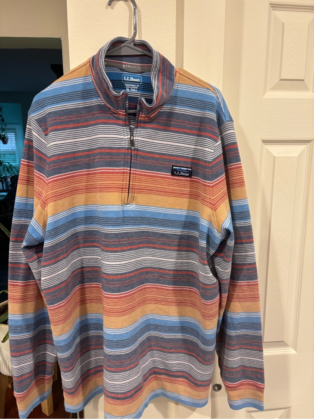 L.L. Bean Men’s Striped Quarter-Zip Sweater in Blue, Tan, Rust, Gray